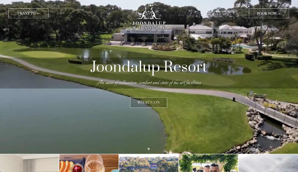 Joondalup Resort homepage showing accommodation, golf and resort experiences